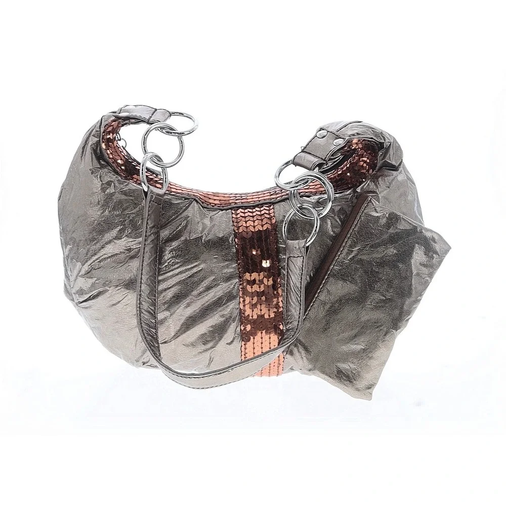 Metallic Bronze Crinkle Hobo Bag Copper Sequin Stripe Shoulder Bag with Pouch